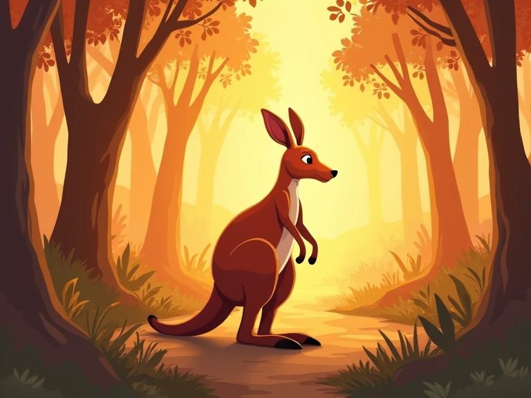 Kangaroo stands in a sunny daytime forest. Bright colors dominate the scene. Warm orange and amber tones make it inviting. Focus on the environment. Storybook style captures a sense of wonder.