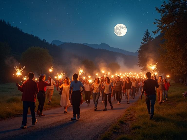 A vibrant night march called 'Marcia della Poiana'. Hundreds of people of various ages walk along a dark path in a valley surrounded by hills. Each person holds a lit torch, creating a stream of golden and orange lights. The sky is starry with a bright full moon illuminating thin clouds. Some participants wear scarves and glowing accessories; others sing and laugh in groups. Banners with the logo of the association wave gently in the background. The atmosphere is joyful and mysterious with realistic details of torch flames, moonlight on grass, and tree silhouettes.