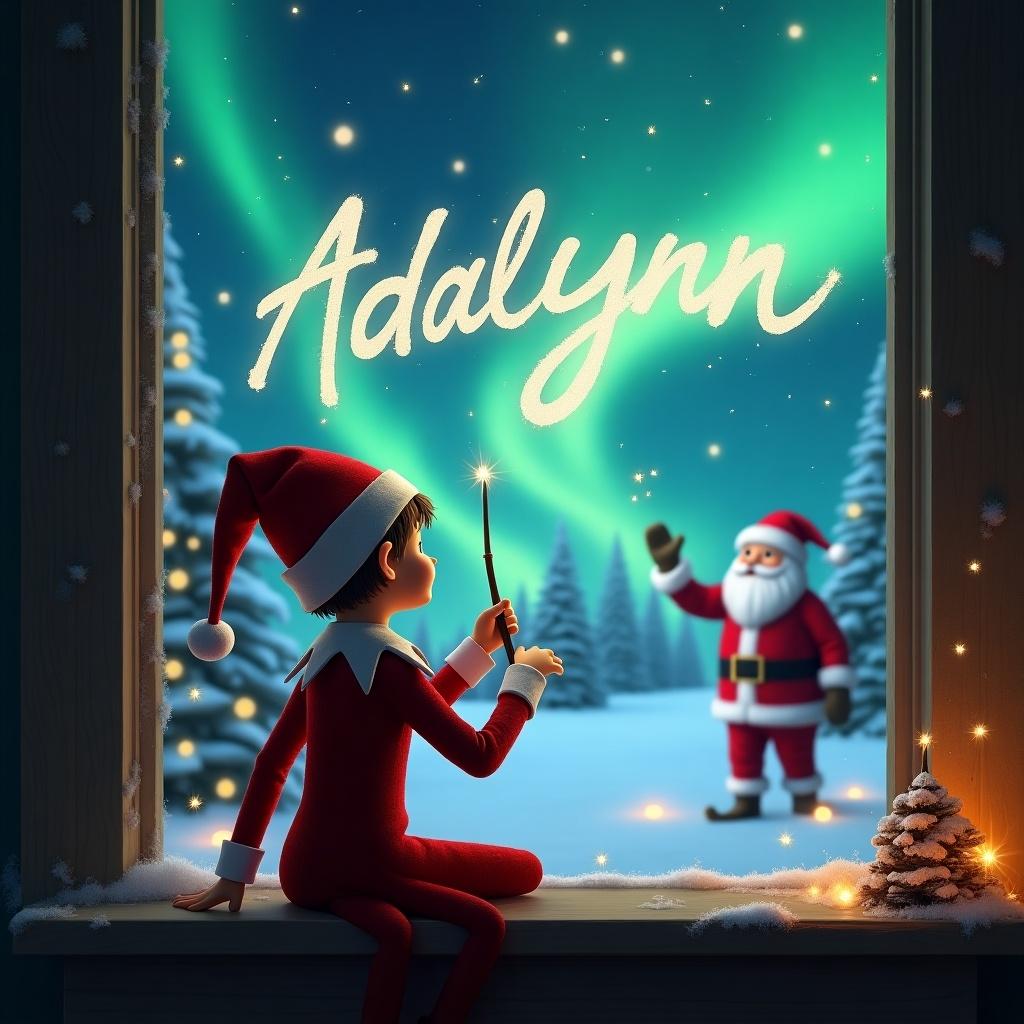 A whimsical Christmas scene shows an elf on the shelf with his back turned. He is facing the night sky, using a magical wand to write the name 'Adalynn' in the air. The background is filled with beautiful northern lights illuminating the snowy landscape. In the distance, Santa Claus waves, bringing joy to the festive environment. The setting evokes feelings of magic, wonder, and the holiday spirit, making it perfect for holiday celebrations.