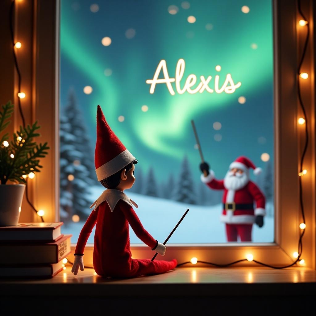 A cozy Christmas scene depicts an elf on the shelf, sitting with his back facing the viewer. He holds a wand and is writing 'Alexis' in the sky. Outside the window, a magical winter landscape unfolds, featuring sparkling northern lights and Santa Claus in the background. Warm lighting from string lights enhances the festive atmosphere. The elf wears a traditional red suit with a hat, embodying the spirit of Christmas. This enchanting scene captures the wonder and magic of the holiday season.