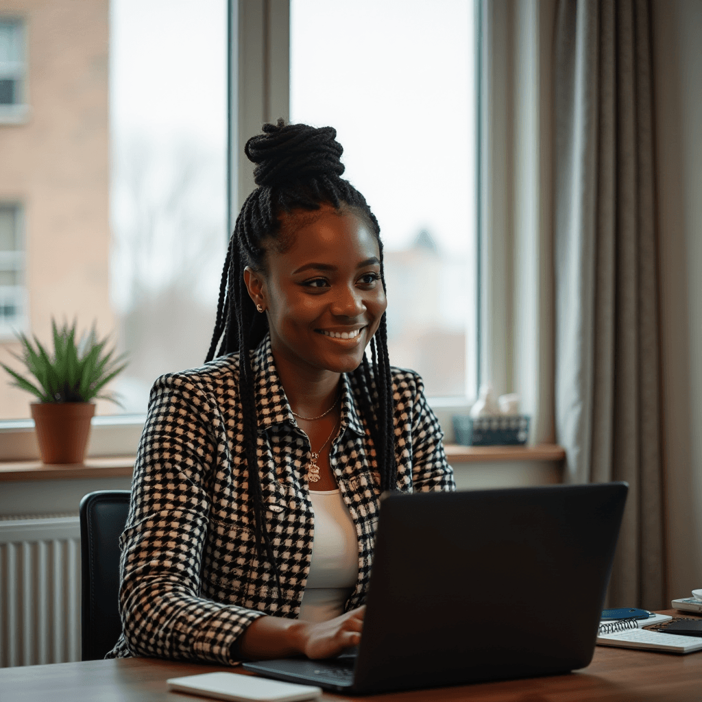 A woman working on a laptop at a desk, smiling confidently.