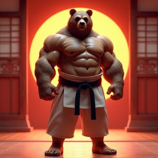 A muscular bodybuilder has a bear head. He is wearing a judo gi with a black belt. He stands barechested displaying his thick pecs and toned abs. His muscular feet are visible. He is inside a traditional dojo. The background features a bright radial gradient. The art style is inspired by Pixar and Disney in 3D.