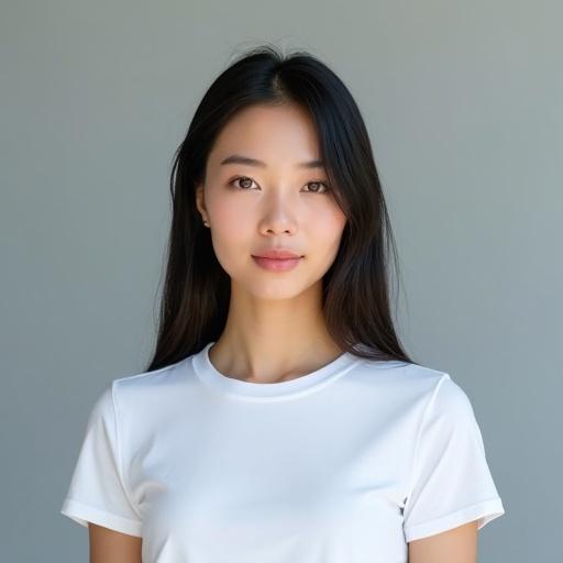 A professional portrait photo of a young woman with long dark hair, wearing a white t-shirt against a grey background. Soft lighting with a clean look. Front-facing, centered composition focusing on her face.