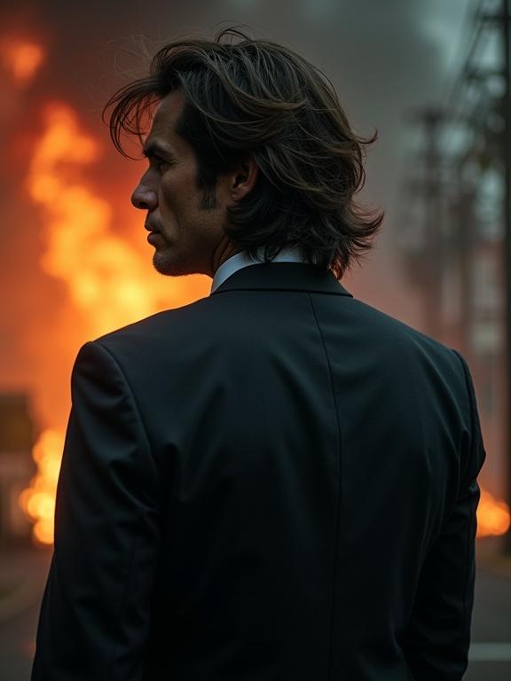 Photorealistic image of a man with thick waved hair in a dark suit. Background shows fire, suggesting a hostile environment in Latin America. The scene is dramatic and tense.