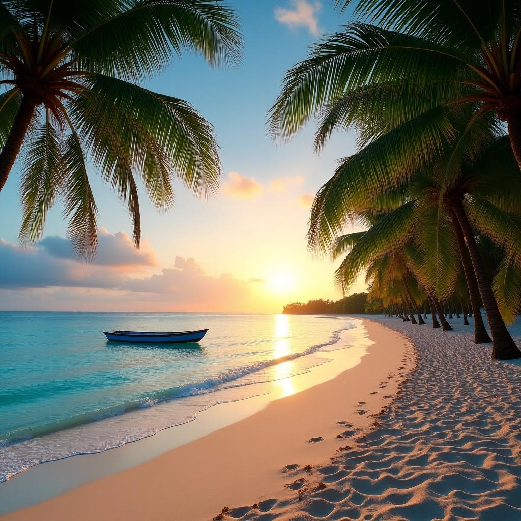 A serene tropical beach scene at sunset featuring a gently curving shoreline with soft sand and visible footprints. Calm ocean with a small blue boat anchored near the shore. Tall palm trees with arching fronds line the beach. The sky shows a warm gradient of colors from deep blue to orange and pink at the horizon.
