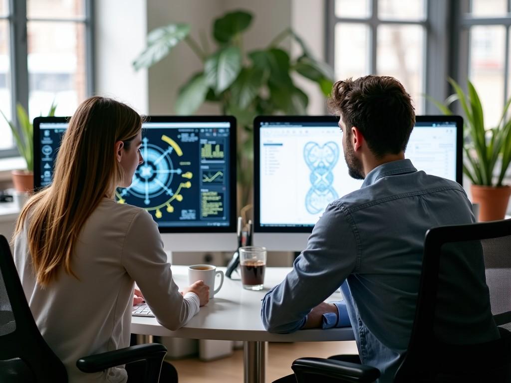 The image depicts two individuals working together in a modern office space. They are seated at a table, focused on their computer screens. The screens show graphs and analytics, indicating a tech or business-related project. Natural light illuminates the workspace, with plants adding a touch of greenery. This scene captures a collaborative work environment, emphasizing teamwork and productivity. The ambiance suggests a contemporary and professional atmosphere, ideal for innovation and creative tasks.