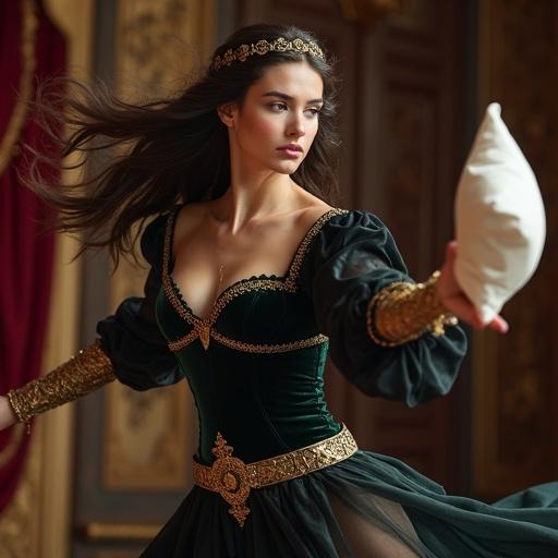 A medieval fantasy queen in elegant attire. A woman about 30 with smooth glowing skin. Long dark hair flowing. Wearing a golden circlet with runes. Dark velvet bodice with embroidery. Sheer silk sash swirling. In a throwing pose with a pillow. Dynamic movement captured. Warm lighting enhances her form. Set in a luxurious medieval bedroom.