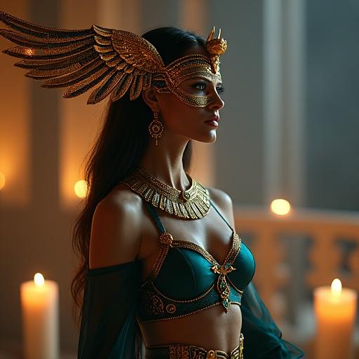 Elegant woman in enchanted masquerade ball. Inspired by Egyptian goddess Isis. Wearing golden mask shaped like falcon wings. Adorned with lapis lazuli and emeralds. Magical glyphs float around her. Silk top sculpted around her chest. Mini-skirt embroidered with gold thread. Flawless thighs visible under skirt. Gentle candle glow illuminates her. Divine light glows from her skin. Confident posture radiates grace. Moonlit palace setting. Hyper-realistic fantasy art.