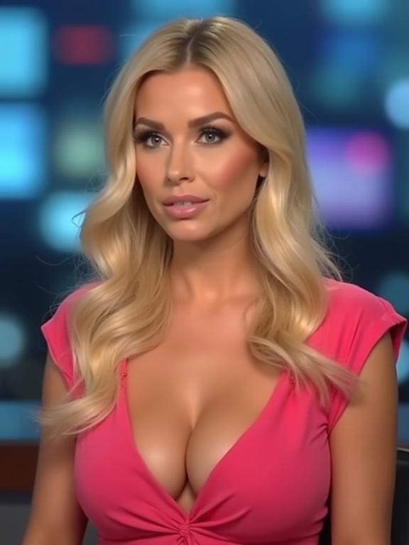 Beautiful blonde hair news presenter with neckline and cleavage. Features a full heavy bust. Taken at a news station. Pixelated low-resolution image with noticeable compression artifacts. Bright, unnatural colors resembling early Instagram filters.