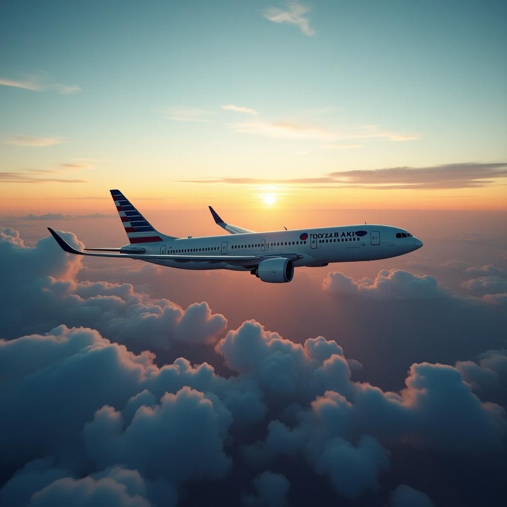 Jet plane flying towards a sunset. Scene captures aircraft traveling above clouds. Jet has visible airline branding. Sky features warm colors of dusk. Emphasis on the beauty of air travel.