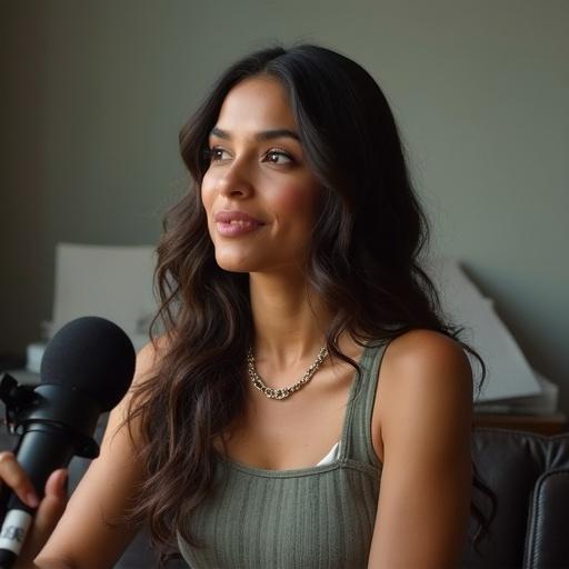 Press conference featuring a female subject with long black hair. She wears a black top and sits at a table. She appears confident and engaged. Background is simple.