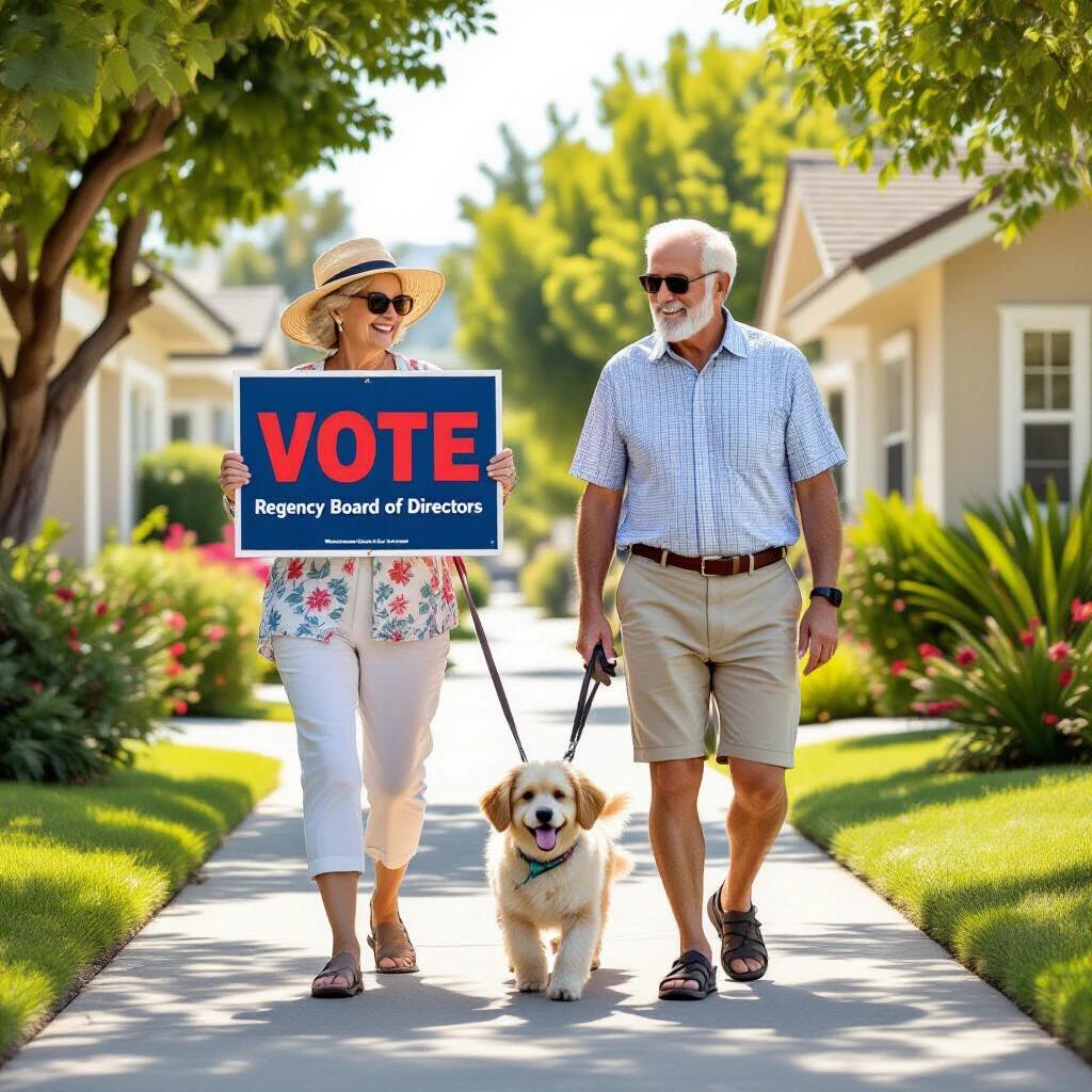 Elderly couple walks their dog in a California residential area on a sunny day. They wear summer clothes and hold a large sign saying Vote. Sign has a blue background with red letters. Other letters read Regency Board of Directors in white.
