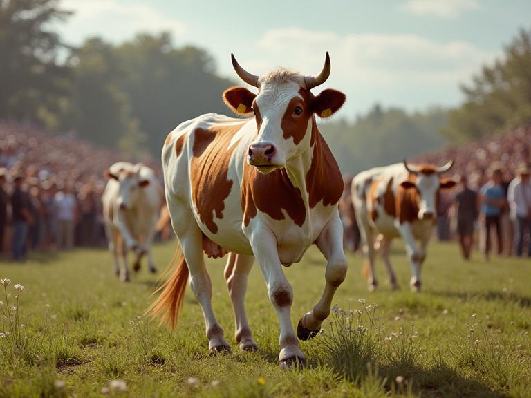 Cows in a field during a dance event. A crowd in the background. The atmosphere is lively. Animals are central in the image. The setting is rural and vibrant.