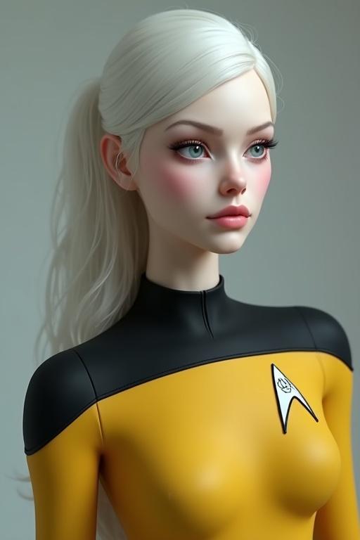A hyperrealistic depiction of a female character inspired by Star Trek in a yellow and black bodysuit. She has a shy yet sensual expression and light blue eyes. The background features a starship, creating a sci-fi atmosphere with dramatic lighting and a low-angle perspective. The character has long white hair and a slender body.