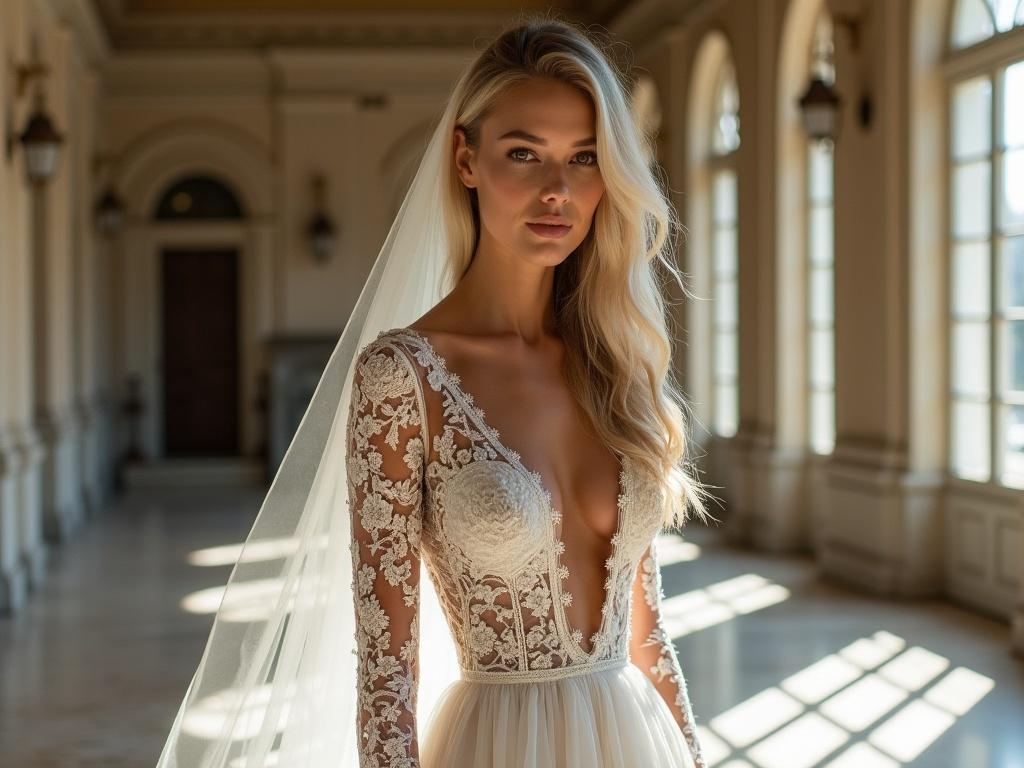 The image features a female model with long, blonde hair and fair skin, wearing a stunning wedding gown with a deep V-neckline and intricate lace detailing on long sleeves. The gown is flowing, made of light fabric adorned with delicate floral patterns. The setting is elegant, with a spacious, softly lit interior where natural light filters through, casting gentle shadows and enhancing the romantic atmosphere. Notable details include the model's serene expression and the ornate architectural elements in the background.