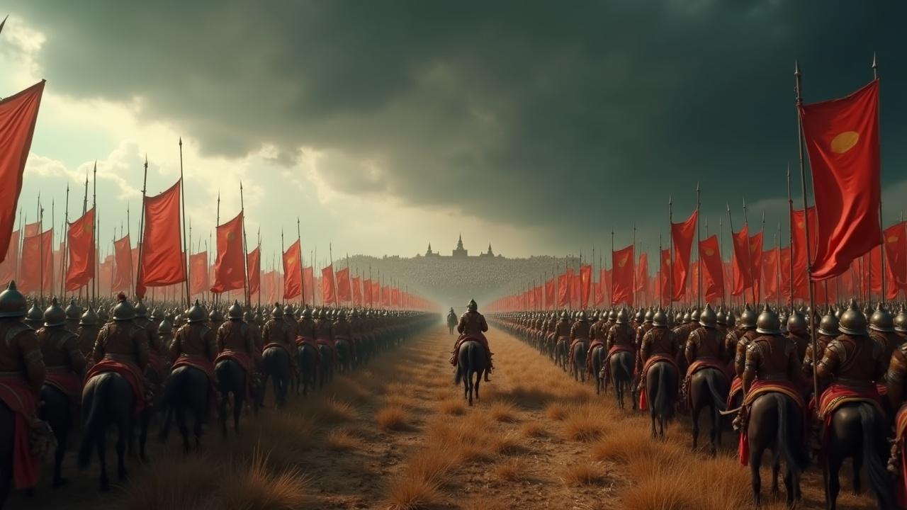 A vast battlefield under a dark stormy sky with thousands of warriors in traditional Mahabharata-era armor. Horses and chariots are present. The armies of the Pandavas and Kauravas stand ready with fluttering banners.