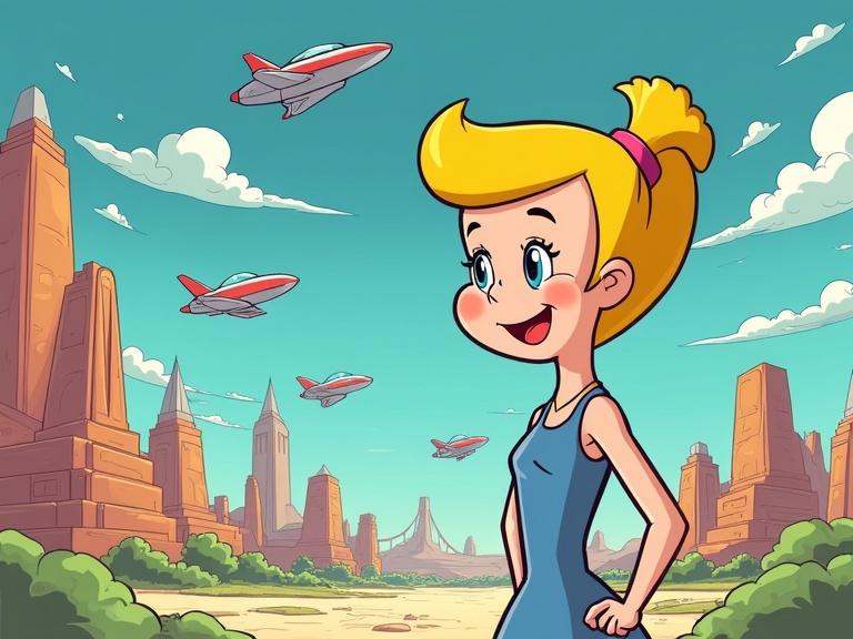 Create an illustration featuring a happy animated girl with blonde hair wearing a blue dress in a futuristic desert landscape. Include flying cars in the sky and strange rock formations in the background.