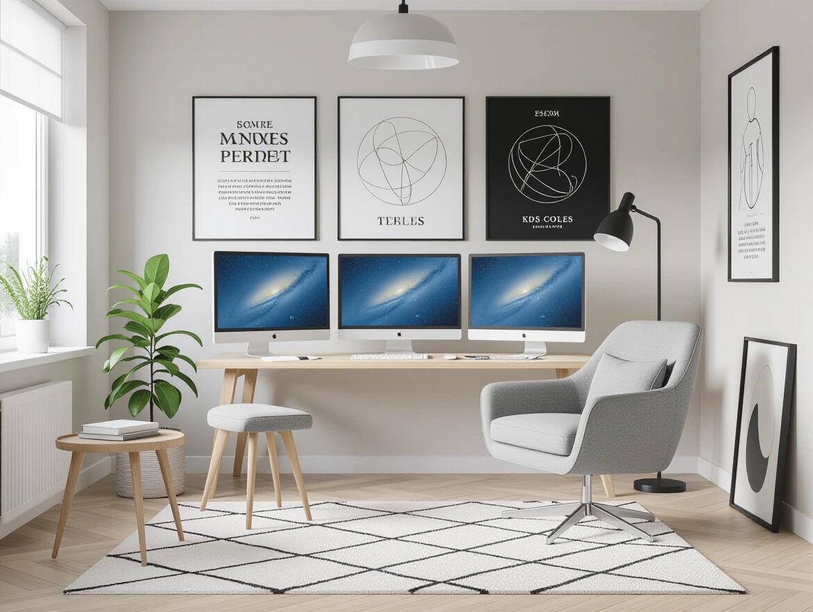 A minimalist home studio features an armchair with a side table. Monitors are arranged in the background. Design posters adorn the walls.