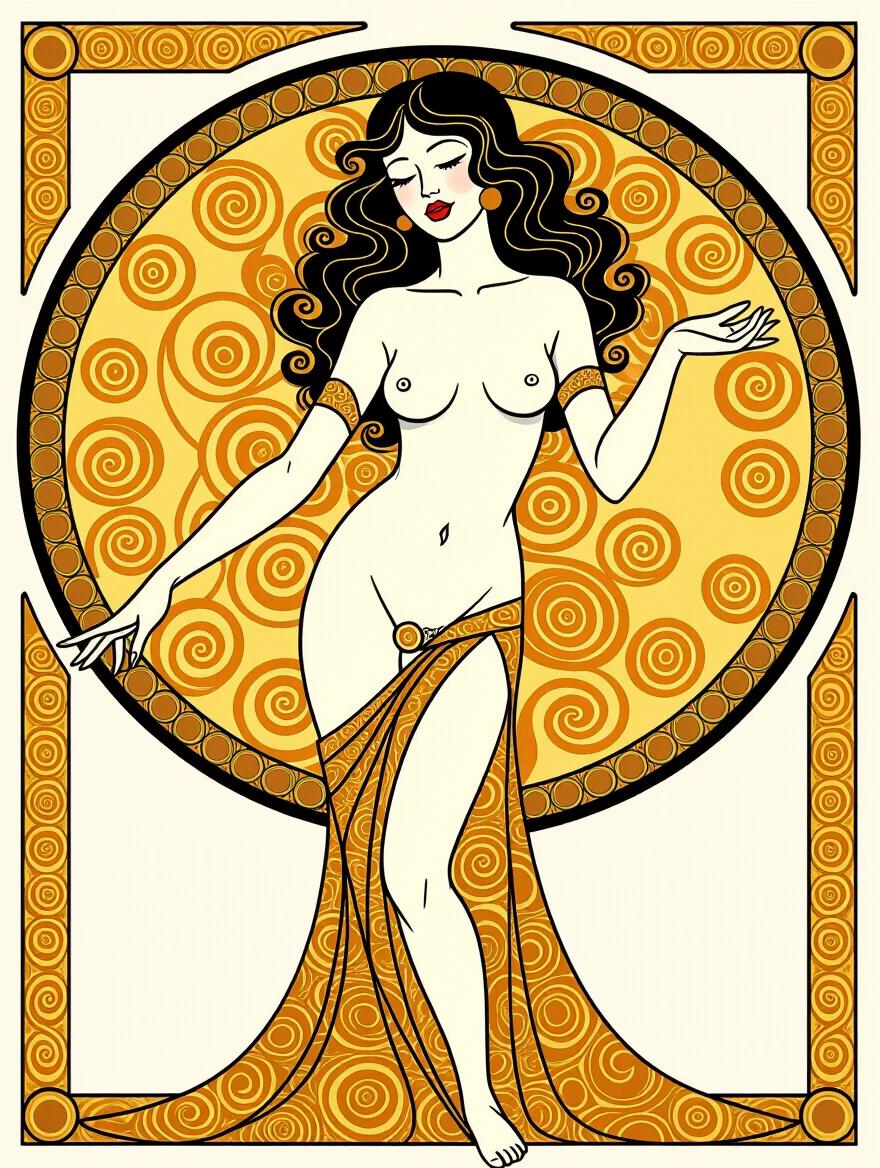 Stylized illustration of a woman with flowing hair and a draped garment. The background features circular patterns in gold and yellow tones. The figure embodies a whimsical and artistic interpretation of femininity.