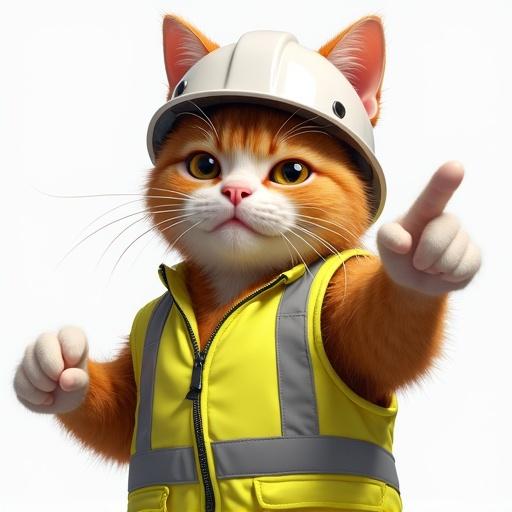 Realistic cat wearing a white safety helmet and reflective vest. Cat has a confident smirk and is pointing with one paw. Side view in Genba Neko style.
