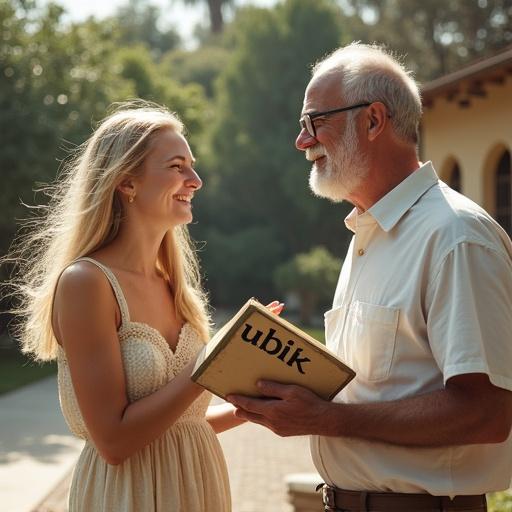 Professional photograph of a smiling blonde woman in a flowing dress. She talks with a balding man in glasses and a beard. The location is Bowers Museum in Santa Ana, California. The man holds a book titled Ubik by Philip K. Dick.