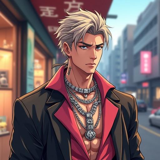 Anime character in futuristic streetwear. Handsome man with silver eyes. Short light brown spiky hair tied in a ponytail. Wearing expensive jewelry. Shopping in a jewelry shop. Cavernous city background. Daytime scene. Looking like an A-list celebrity.