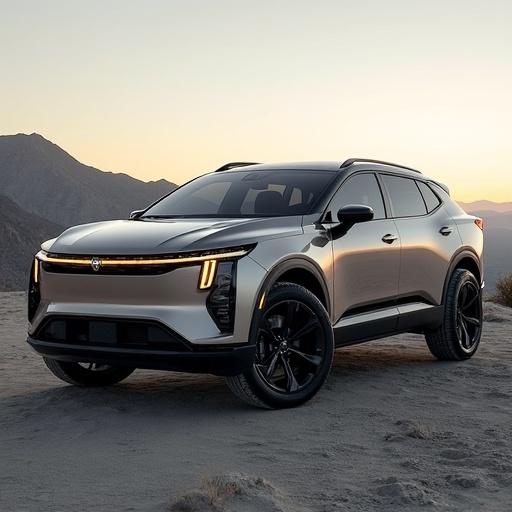 A family-friendly electric SUV with a sleek design parked in a natural landscape. The SUV features a modern aesthetic showcasing a silver exterior and black accents. The backdrop includes mountains and a sunset. Focus on the SUV's impressive features such as dual motors, solar capabilities, and eco-friendly materials.