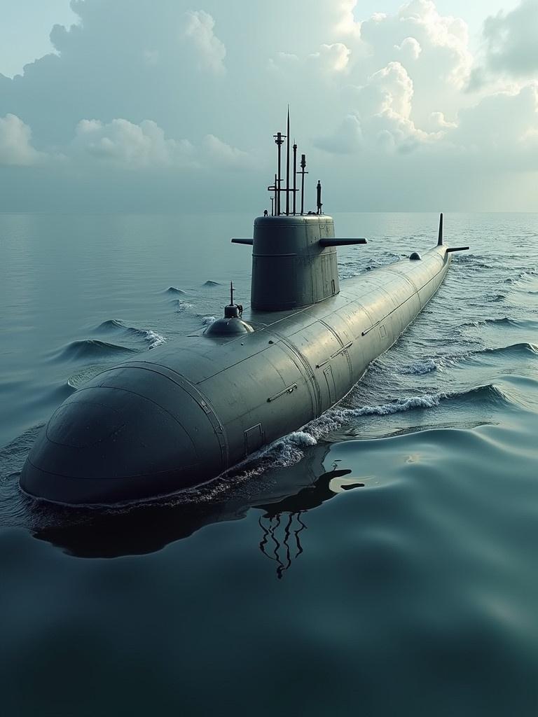 A submarine modeled after a tank floats in the ocean. The sleek hull emerges from waves. Clouds softly reflect the atmosphere. The submarine's features showcase advanced military engineering.