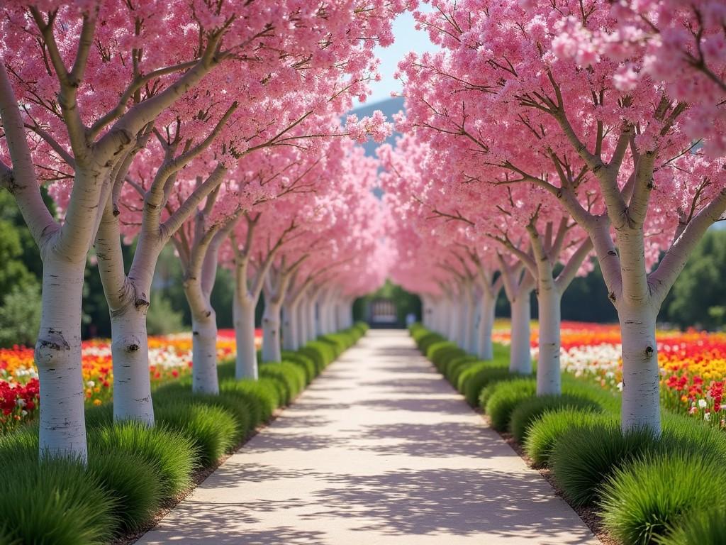 The image features a peaceful pathway framed by stunning cherry blossom trees. Their pink blossoms create a vibrant canopy overhead, leading the viewer’s eye down the path. The ground is lined with lush green grass, adding to the serene atmosphere. On each side of the path, colorful tulips bloom in a variety of hues, enhancing the beauty of the scene. This setting evokes feelings of tranquility and joy, perfect for a spring day stroll.