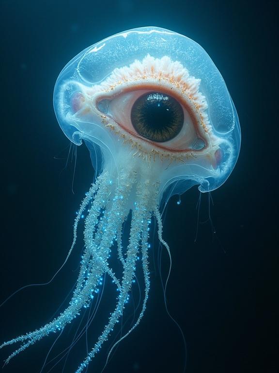 A fusion of a colossal human eye and a translucent siphonophore. The eye features a multi-pupiled orb. Tentacles extend from the eye with human-like mouths. The head has a hollow cavity that glows blue. Surrounded by jellyfish-like polyps.