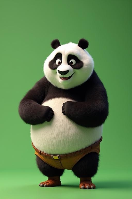 A cartoon panda character created in 3D animation style. The panda displays a cheerful expression and is wearing brown shorts. The background is a solid green color, used for greenscreen effects.