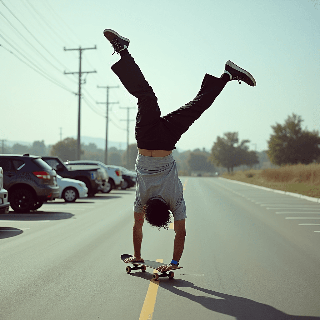 A person performs a handstand on a skateboard in the middle of a sunlit, empty road, with parked cars and power lines in the background.