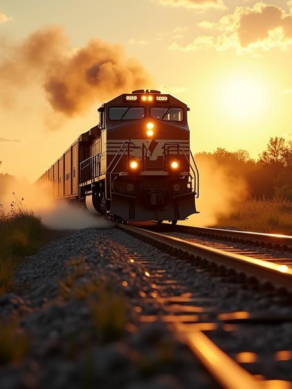 A side-angle view of a fast-moving train on countryside railway tracks during golden hour. The train appears tilted in motion. Wheels and background have motion blur. Dust scatters from the rails. The metal surface reflects warm sunlight. Headlights are on. Landscape blurs beside the track. High-detail cinematic realism with dramatic atmosphere.
