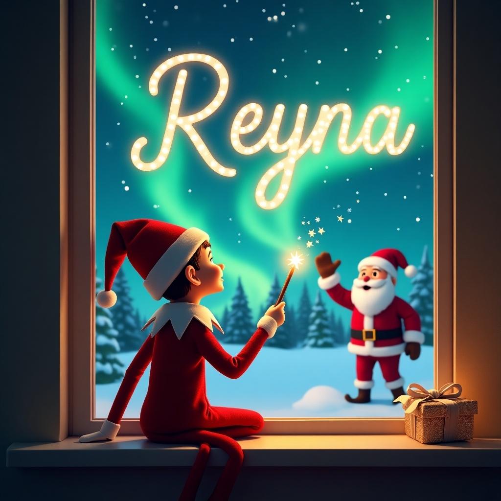 Festive image of an elf on the shelf. Elf sitting by a window with back to viewer. Elf holds glowing wand writing 'Reyna' in the sky. Beautiful northern lights in background. Cheerful Santa Claus waving. Scene captures joy of holiday season.