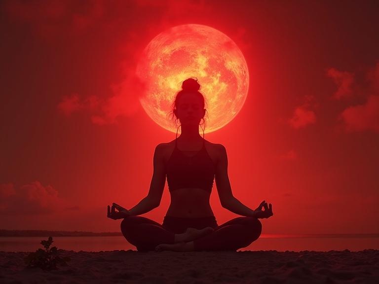 Chakra meditation with a meditating figure in front of a large red moon. Meditation in a serene environment. Emphasis on tranquility and spiritual connection.