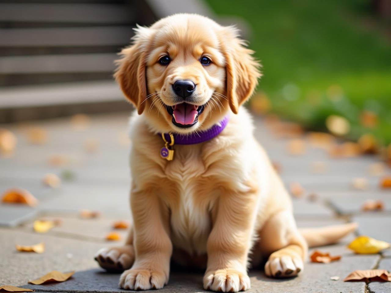 The image shows a cute golden retriever puppy sitting on a stone pathway. The puppy has fluffy, golden fur and a cheerful expression, with its mouth slightly open as if it's smiling. It is wearing a purple collar with a tag that glimmers in the sunlight. Surrounding the puppy are fallen leaves, adding a natural touch to the scene. In the background, there is a grassy area and some steps leading up, suggesting a pleasant outdoor environment.