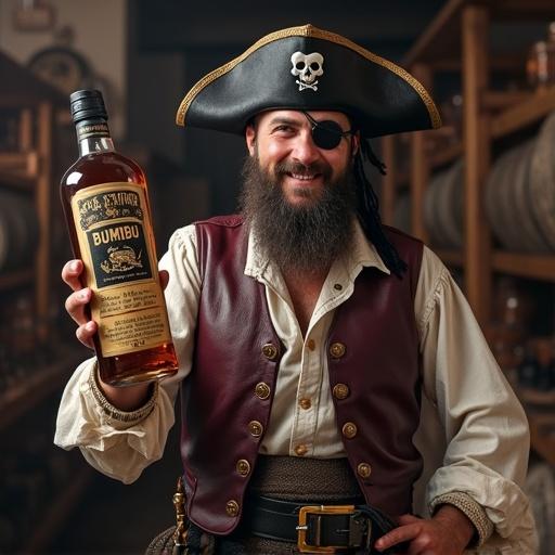 Imagine a pirate with a black eye-patch featuring a white skull. A pirate hat is on his head. He wears a white shirt and a maroon leather vest with matching pants. The scene is set in a ship's cellar. The pirate is smiling, revealing a golden tooth. In one hand, he holds a bottle of rum labeled BUMBU, adorned with a bone X symbol. 