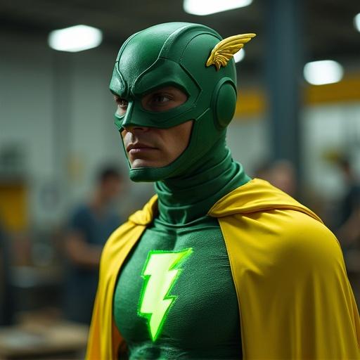 Cinematic live action shot featuring superhero with green and yellow costume. The character wears a helmet with golden wing details. A bright green lightning bolt emblem is visible. The superhero stands in a workshop setting.