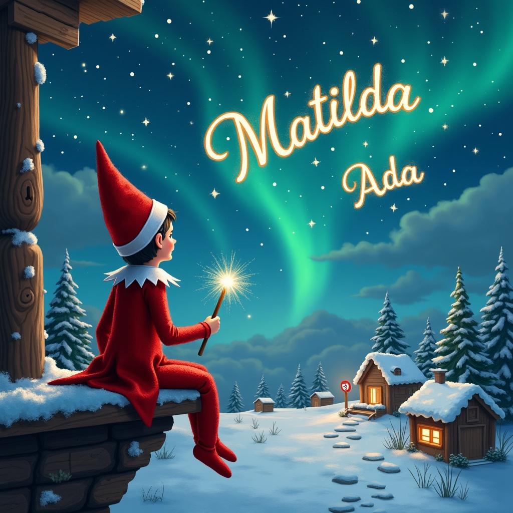 An elf sits on a wooden ledge, back facing the viewer, immersed in the enchanting atmosphere. Dressed in a vibrant red outfit with a classic pointed hat, the elf holds a sparkling wand, playfully writing the name 'Matilda' in the starry night sky. Surrounding the elf is a picturesque snowy landscape dotted with charming little houses and tall evergreen trees. Brilliant Northern Lights shimmer overhead, casting a magical glow across the scene. The elf continues to create magic, adding the names 'Natasha' and 'Ada' in the sky, enhancing the festive feel. This whimsical illustration embodies the spirit of Christmas and the magic of childhood.