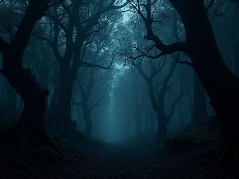 Dense ancient forest at night with tall twisted trees and a damp floor. Shadows create ominous shapes. Faint starlight casts a cold glow. Scene evokes mystery and unease. Fog enhances dread. Invisible creatures create tension and vulnerability.