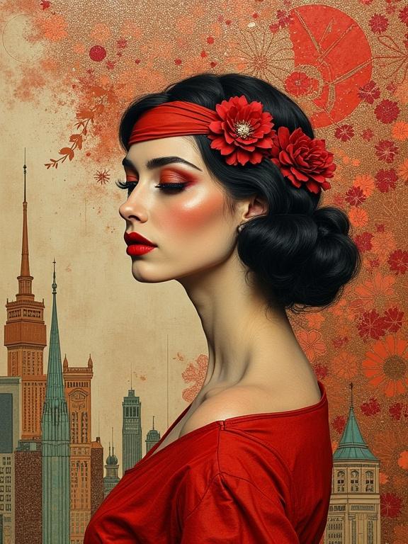 Stylized silhouette of a woman in red with a background of Art Deco architecture. The image features a blend of watercolor and alcohol inks. Nostalgic themes present throughout. Incorporates large tiles and a glossy 3D texture. Decorative elements include flowers and geometric shapes. Color scheme is deep red and beige only. Rich detail and bright sparkles enhance the whimsical feel of the composition.