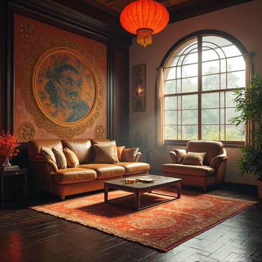 Detailed interior of a living space featuring elegant furniture. A large window allows natural light. A potted plant adds greenery. Traditional Asian decor elements provide cultural depth. The room exudes warmth and serenity.