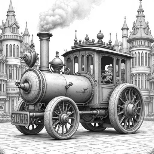 Intricate black and white line art of a steampunk locomotive. The design combines steam train and automobile features. Boiler is prominent with an ornate driver's cabin. Background features detailed Victorian buildings with exciting architecture. Sense of imaginative engineering in a whimsical setting.