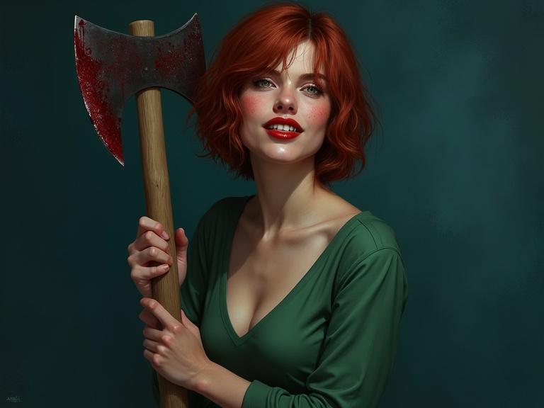 A captivating portrait of a young woman holding a bloodied axe in a dramatic setting. She has short red hair and a mischievous grin. Her green shirt contrasts with the blood on the axe. The backdrop is dark blue, enhancing the tension and beauty.