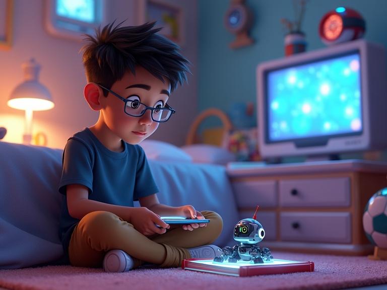 A cartoon boy sits cross-legged in a modern kids' bedroom. He wears a dark blue shirt and brown pants while programming a robot. The room features glowing screens and small robots. A book titled 'AI for Young Explorers' is beside him. The style is colorful with warm lighting.