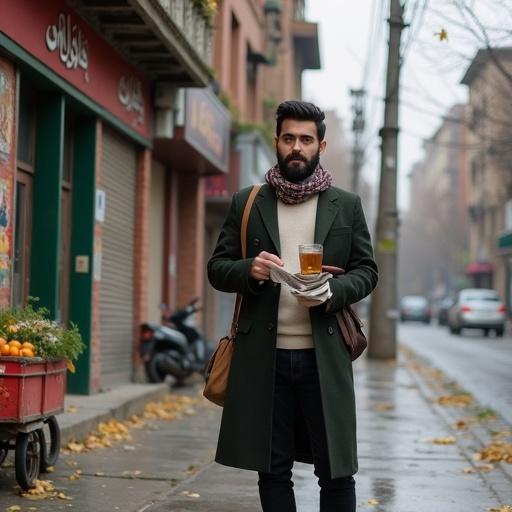 An Iranian man stands on an autumn afternoon street in Tehran. He has thick black hair and a trimmed beard. Wearing a dark green coat over a cream sweater. Black jeans and brown leather shoes. A checkered scarf is around his neck. Holding a steaming cup of tea and a newspaper. The street features brick buildings, fruit vendor cart, and Persian calligraphy mural. Yellow leaves fall from trees. The scene is intimate and reflects Iranian urban life.