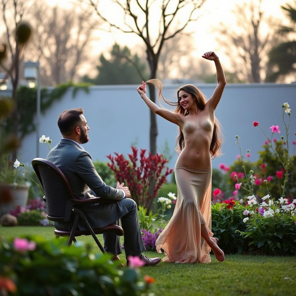 A woman dancing gracefully in a garden while a man in a suit watches, surrounded by colorful flowers during sunset.