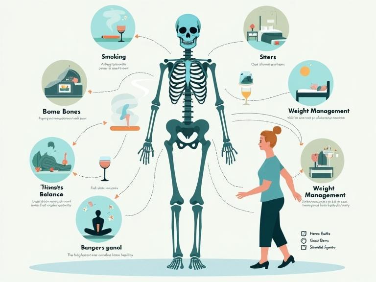 A clean digital illustration showcasing a strong skeleton as the central figure. Various vignettes surrounding the skeleton represent lifestyle factors impacting bone health. Include smoke from a cigarette, a half-full wine glass, a brain icon with stress waves, a moon and bed icon for sleep, a balanced scale for weight management, and a home safety checklist for fall prevention. Use a soft, professional color palette with minimal anatomical details to convey trust and clarity.