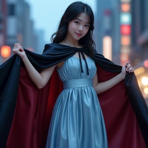 A portrait of a young Japanese girl holds open a long black satin cape with a red lining. She wears a light blue dress that glows in bright light. The cape and dress have glossy textures. The background is a blurred twilight cityscape, creating a mysterious atmosphere.
