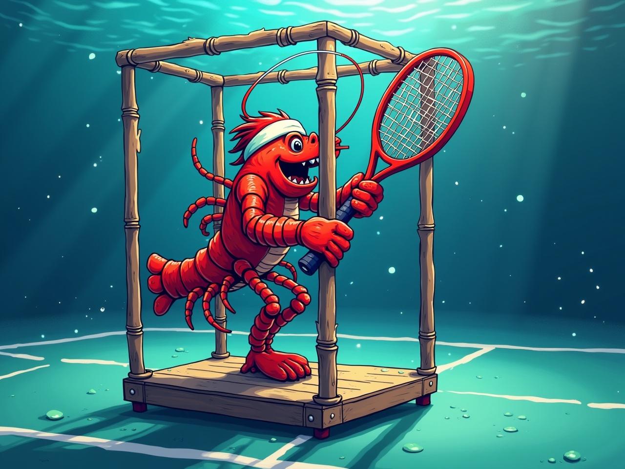 A whimsical cartoon image of a lobster playing badminton underwater, using wooden poles as a net, with water rays creating a playful, luminous background.